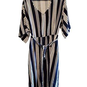 Girls With Curves Striped V-Neck Dress With Belt 1X Midi Flattering Country